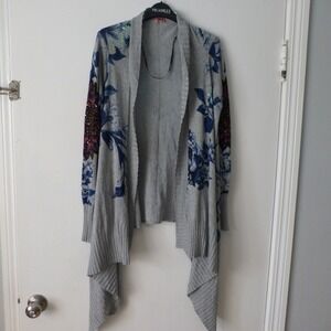 Desigual Sweater Womens XL Gray Floral Print Cardigan Sequins Duster Wrap Style